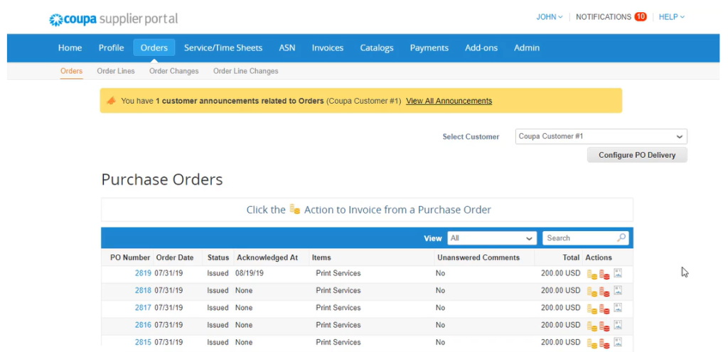 coupa supplier portal dashboard